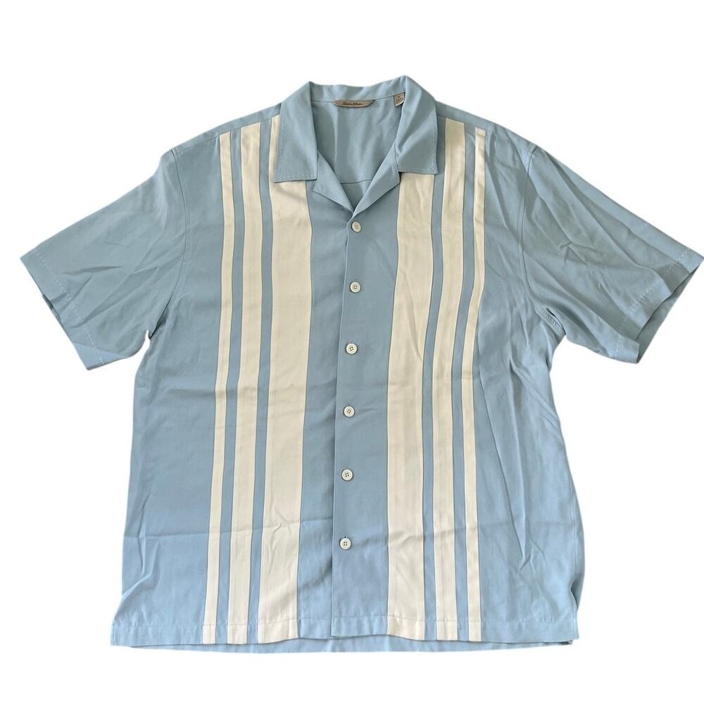Paradise Collection Blue Striped Bowling Retro 100% Silk Short Sleeve Shirt XL